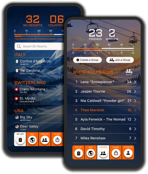 Two Catatrack phones showing My List with resort search and Friends leaderboard