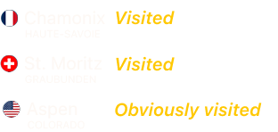 Visited resorts: Chamonix, St. Moritz, Aspen with status labels